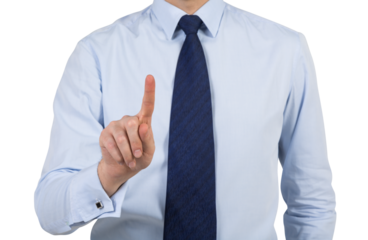 Businessman pointing with index finger, wearing formal attire with a blue tie and light blue shirt on white background. Concept of business and communication