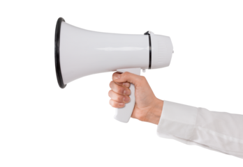 A hand holding a white megaphone, shown against a white background. The image focuses on communication and announcement themes
