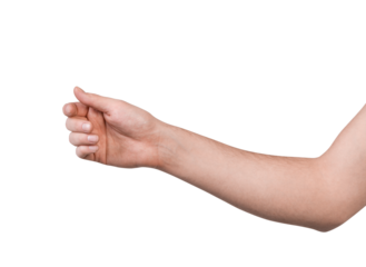 Closeup of a human hand showing a thumb-up gesture. The arm is slightly bent, with a focus on the hand. white Background. Concept of approval or agreement