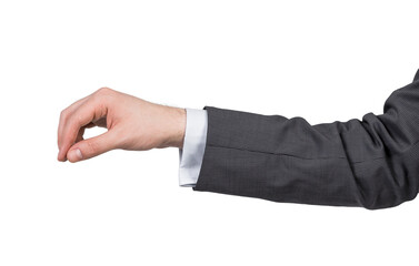 The image shows a person's hand in a suit making a pinching gesture. The white background is solid....