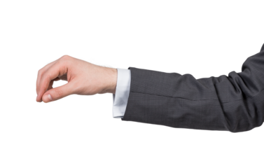 The image shows a person's hand in a suit making a pinching gesture. The white background is solid. It could be used for various concepts like business, communication, or interaction