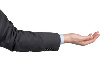 A hand in a suit presenting or gesturing on a white background. Concept of business presentation,...