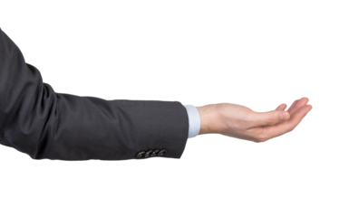 A hand in a suit presenting or gesturing on a white background. Concept of business presentation, offering, or partnership. Ideal for design templates