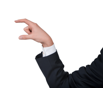 A hand in a suit making a pinching gesture, against abackground. Concept of measurement or small size