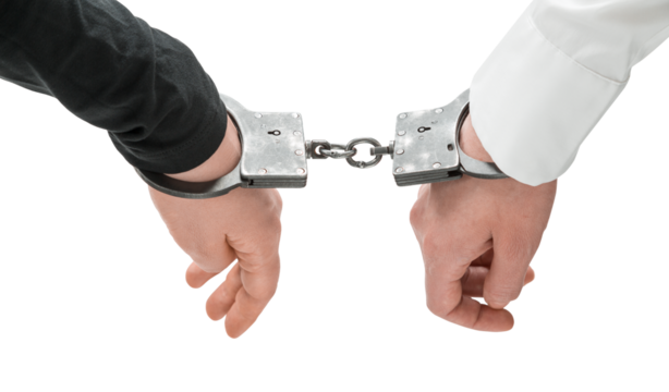 Two hands in handcuffs, one in asleeve and the other in a white sleeve, on a white background, symbolizing justice and law enforcement