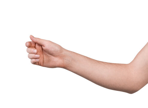 Closeup of a human hand showing a thumb-up gesture. The arm is slightly bent, with a focus on the hand. white Background. Concept of approval or agreement