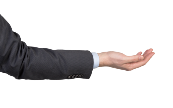 A hand in a suit presenting or gesturing on a white background. Concept of business presentation, offering, or partnership. Ideal for design templates
