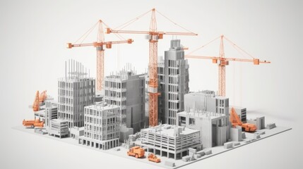 A city skyline with a crane in the middle