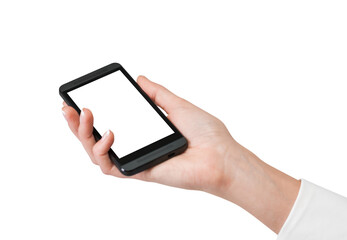 Hand holding a smartphone with a blank white screen, close-up on white background. Concept of technology, mobile devices, and apps