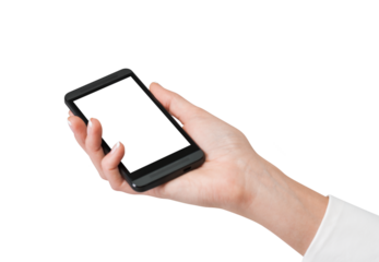 Hand holding a smartphone with a blank white screen, close-up on white background. Concept of technology, mobile devices, and apps