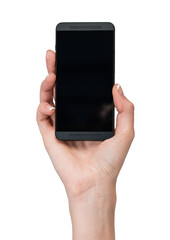 Hand holding a smartphone with a blank screen. The image is a close-up photo of the hand and phone against abackground. Concept of technology and communication