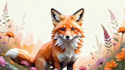 A peacefully majestic fox portrayed in abstract vector artwork is depicted against an off-white background in warm colors
