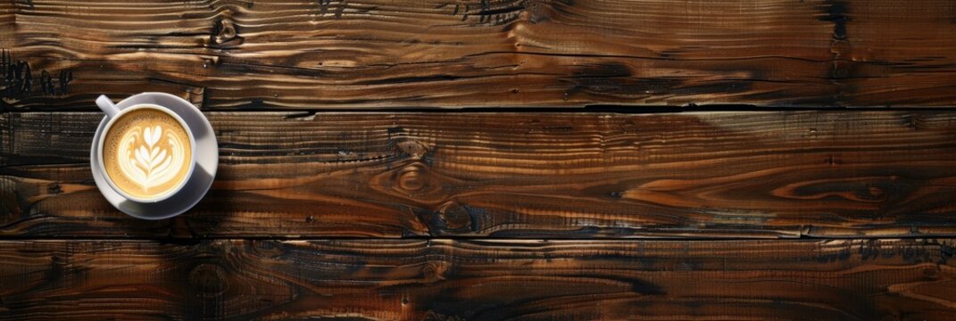 Coffee cup with latte art on a wooden table, captured from above.