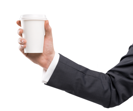 A hand in a suit holding a white disposable coffee cup. The white background is. The image focuses on the cup, making it suitable for various concepts