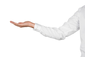 A person's hand wearing a white shirt is extended with the palm facing up against a white...