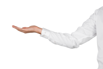 A person's hand wearing a white shirt is extended with the palm facing up against a white background. The image focuses on the arm and hand, creating a template for various design uses