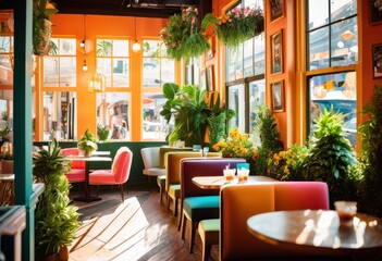 Obraz premium vibrant setting featuring refreshing iced coffee colorful decor inviting atmosphere, drinks, beverage, stylish, table, cozy, chairs, light, ambiance, modern