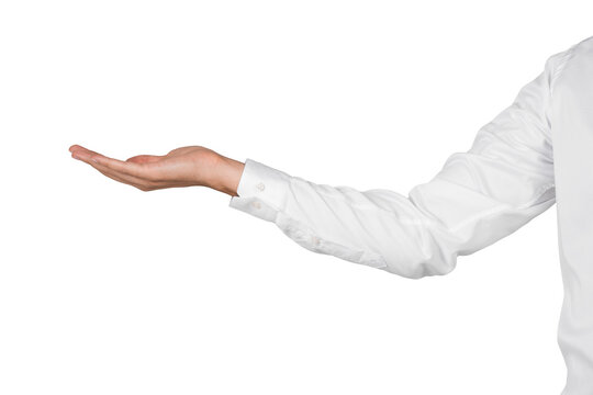 A person's hand wearing a white shirt is extended with the palm facing up against a white background. The image focuses on the arm and hand, creating a template for various design uses