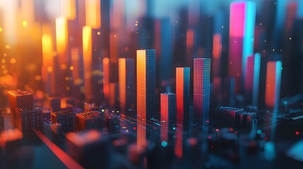 Fototapeta premium Futuristic cityscape with tall buildings and a colorful sky.
