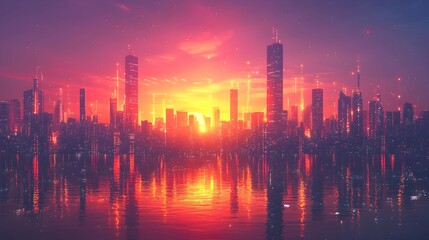 Fototapeta premium Cityscape at Sunset with Water Reflection.