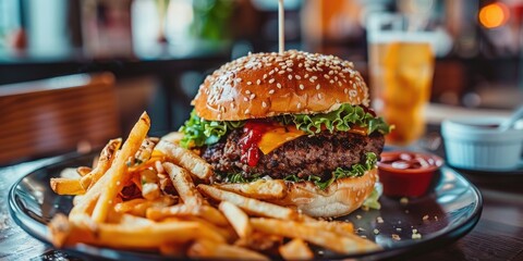 Cheeseburger and French fries served on an eco friendly plate