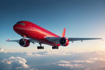 Fototapeta premium Futuristic Red Passenger Plane Flying at High Altitude - 3D Rendering of Aircraft in Motion