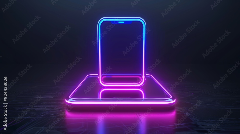 Poster 3d neon techno purple blue glowing outline icon of tips app in ios style isolated on black backgroun