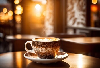 Fototapeta premium vibrant coffee cup beautiful latte art displaying intricate patterns rich colors, artisan, beverage, design, presentation, drink, creamy, foam, espresso
