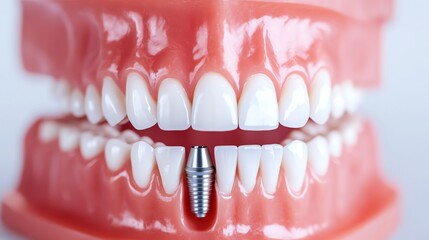 Obraz premium Close-up of a dental implant in a model mouth, showcasing the alignment of teeth and the implant structure for dental education.