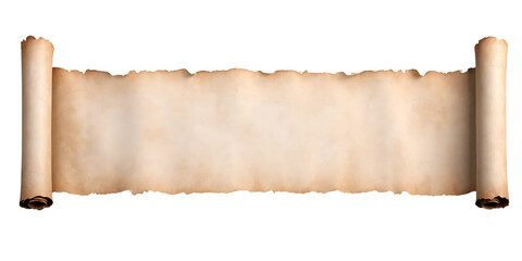 A high-resolution image of an old vintage blank parchment scroll banner isolated in transparent background.