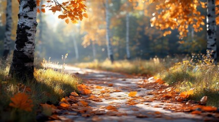 Winding forest path carpeted with fallen leaves, sunlight filtering through branches.