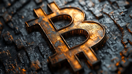Fototapeta premium A Bitcoin sign or Coin on a dark blue background with a flickering effect and an old patina.