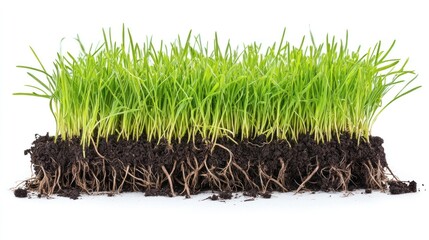 A cross-section of lush green grass and its root system in soil, isolated on a white background, showcasing plant growth and soil health.