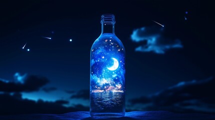 A transparent bottle containing a sparkling night sky scene with starlight, shooting stars, night clouds, bottle of water, imagination, romantic, alcohol 