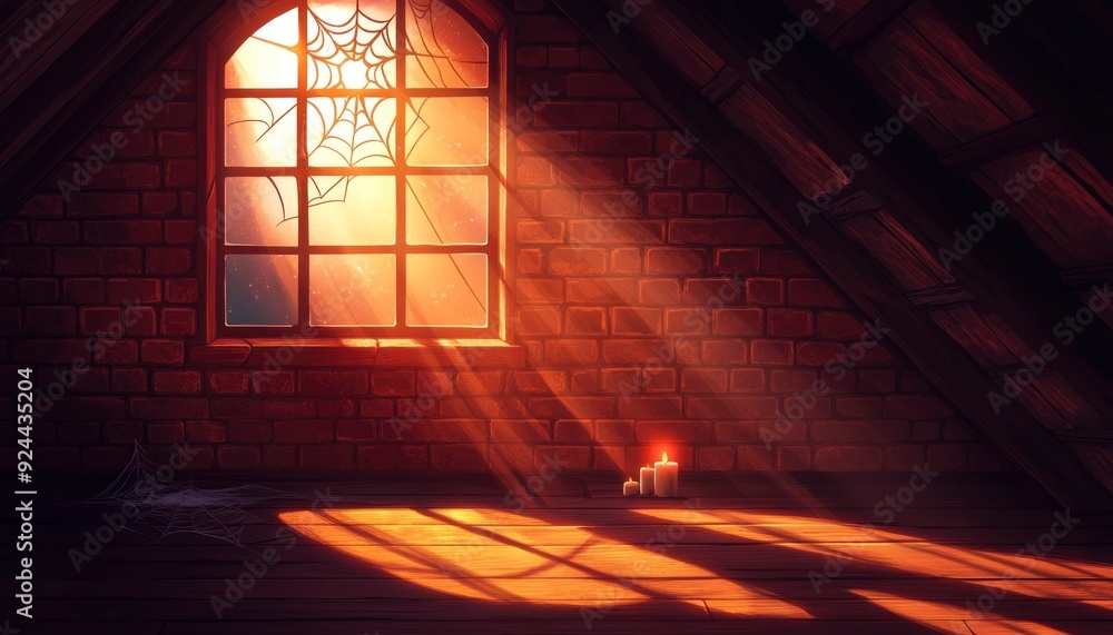 Poster sunbeams illuminate a dusty attic with cobwebs and candles