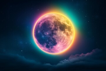 Enchanted Night: Glowing Full Moon with a Halo of Rainbow Colors