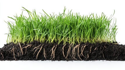 A cross-section of grass and soil, showing green blades above ground and a network of brown roots extending into the black earth below.