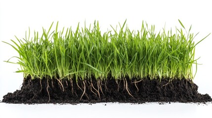 Cross-section of grass and soil showing green blades above and an intricate network of brown roots within the dark soil, isolated on a white background.