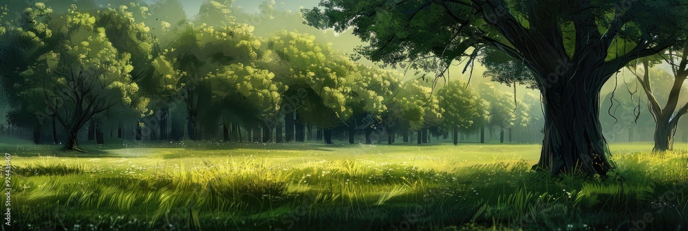 Poster a thick forest of towering ancient trees forms a deep green backdrop, contrasting with the vibrant o