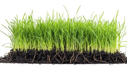 Cross-section of soil showing grass and its root system against a white background, illustrating plant growth and underground structures in a natural environment.
