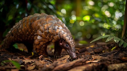 Curious Pangolin Exploring Lush Forest Habitat in Natural Light