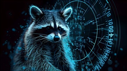 Curious Raccoon Enveloped in a Holographic Digital World of Binary Codes and Tech