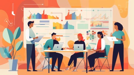 A group of people are sitting around a table with laptops