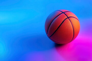 Obraz premium Shiny rubber surface of basketball placed on vibrant background in studio in blue light with generative ai