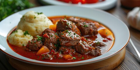Beef goulash with a side of dumplings