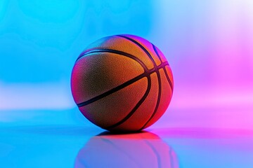 Obraz premium Shiny rubber surface of basketball placed on vibrant background in studio in blue light with generative ai