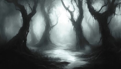 Obraz premium Eerie Foggy Forest with Twisted Trees and Stream