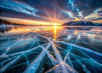 Fototapeta premium Frozen lake's glowing fissures shimmer with an ethereal light, as if ancient mysteries whispered on the arctic wind await discovery.