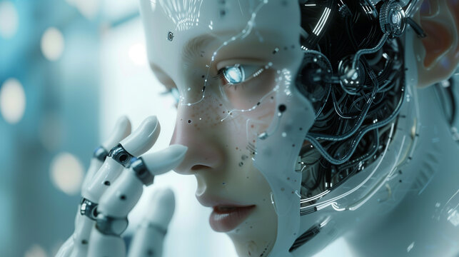 Futuristic female android with soft glowing lights and intricate robotic design