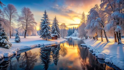 Fototapeta premium Golden sunrise paints mist-shrouded mountains reflecting in tranquil lake waters